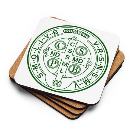 Cork-Back Coaster, St. Benedict Medal, 16k4ku design, dark green