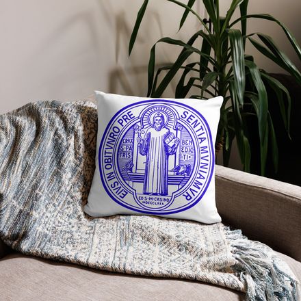 Pillow case 18x18, St. Benedict Medal, filt5a design, blue