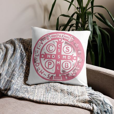 Pillow case 22x22, St. Benedict Medal, oih8m5 design, pink