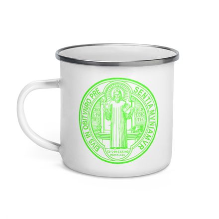 Enamel Mug, St. Benedict Medal, filt5a design, bright green