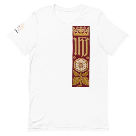 Unisex Staple T-Shirt, IHS Stripe With Crown and Monstrance, Red, yok2qk, left chest