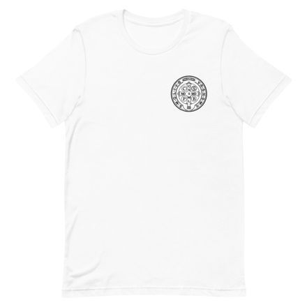 Embroidered Unisex Staple T-Shirt, St. Benedict Medal, 16k4ku design, left chest