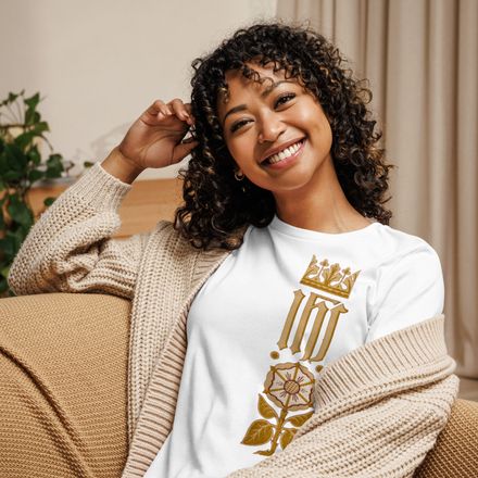 Women&#x27;s Relaxed T-Shirt, IHS Stripe With Crown and Monstrance, vw6yal, left chest