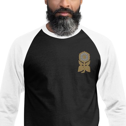 Embroidered Unisex 3/4 Sleeve Raglan Shirt, Monstrance Tree with Golden Pattern, 7rmavy, left chest