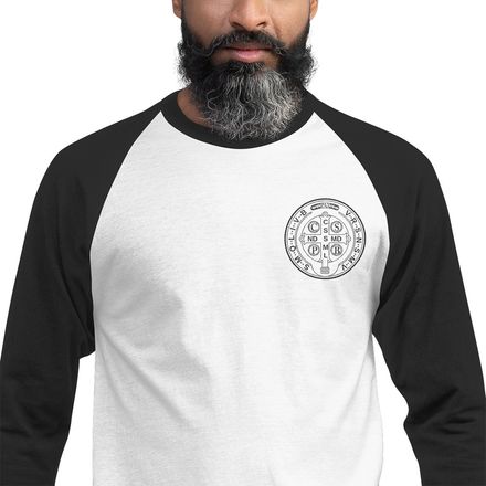 Embroidered Unisex 3/4 Sleeve Raglan Shirt, St. Benedict Medal, 16k4ku design, left chest
