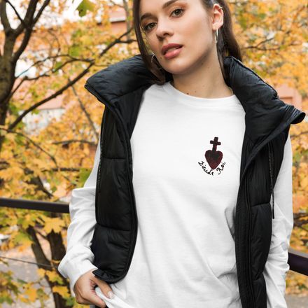 Embroidered Unisex Long Sleeve Tee, Sacré Coeur, Dieu de Roi, Vendée, obymh4 design, left chest