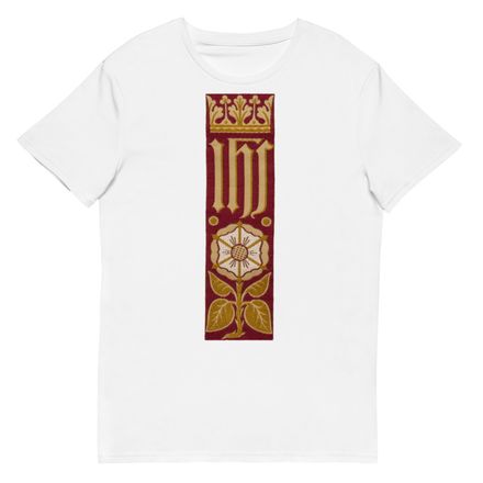 Men&#x27;s Premium Cotton T-Shirt, IHS Stripe With Crown and Monstrance, Red, yok2qk