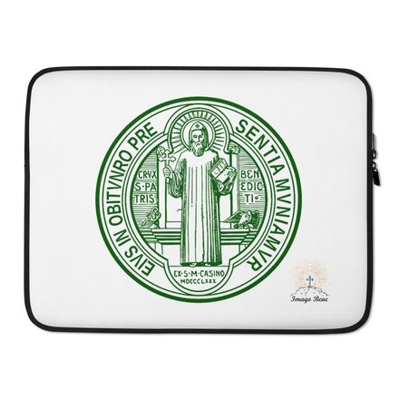 Laptop Sleeve, St. Benedict Medal, debxwe design, dark green