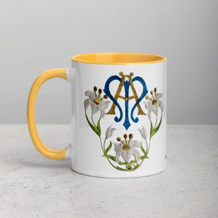 White Ceramic Mug with Color Inside, 11oz &amp; 15oz, Auspice Maria, Crest with flowers, qfko6t