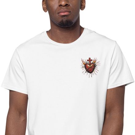 Embroidered Men&#x27;s Premium Cotton T-Shirt, Sacred Heart of Jesus, uetiyj design, left chest
