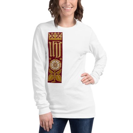 Unisex Long Sleeve Tee, IHS Stripe With Crown and Monstrance, Red, yok2qk, right chest