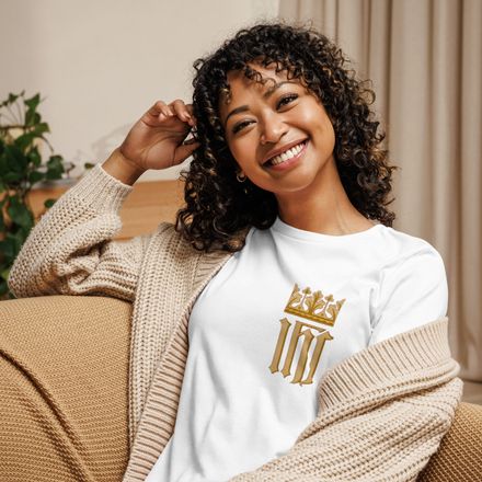 Women&#x27;s Relaxed T-Shirt, IHS with Crown, Golden Pattern, nlxdo1, left chest