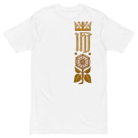 Men&#x27;s Premium Heavyweight Tee, IHS Stripe With Crown and Monstrance, vw6yal, left chest