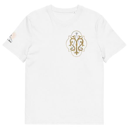 Unisex Organic Cotton T-Shirt, Auspice Maria, Crest with outer edge, kdegvj, left chest