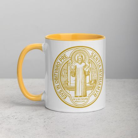 White Ceramic Mug with Color Inside, 11oz &amp; 15oz, St. Benedict Medal, filt5a design, gold