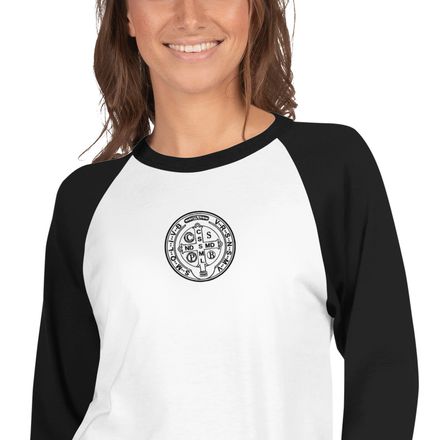 Embroidered Unisex 3/4 Sleeve Raglan Shirt, St. Benedict Medal, 16k4ku design