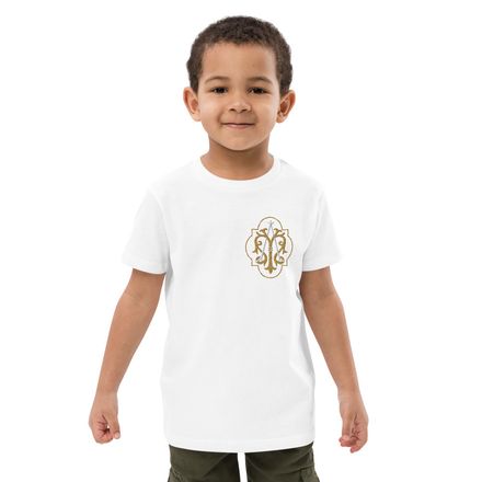 Embroidered Organic Cotton Kids T-Shirt, Auspice Maria, Crest with outer edge, kdegvj, left chest