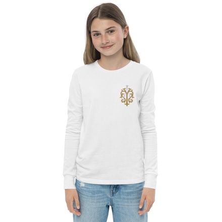 Embroidered Youth Long Sleeve Tee, Auspice Maria, Crest, kgvlsx, left chest
