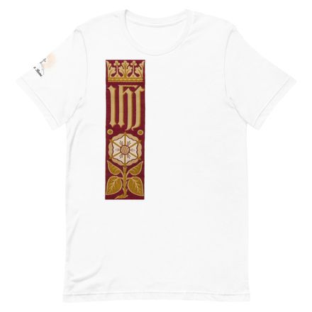 Unisex Staple T-Shirt, IHS Stripe With Crown and Monstrance, Red, yok2qk, right chest