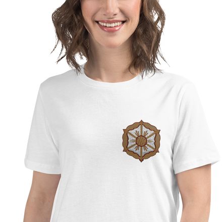 Embroidered Women&#x27;s Relaxed T-Shirt, Monstrance with Golden Pattern, eneyoj, left chest