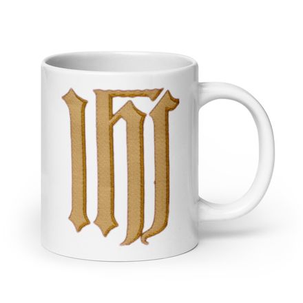   White Glossy Mug, 20oz, IHS, Golden Pattern, gedziz