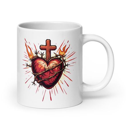   White Glossy Mug, 20oz, Sacred Heart of Jesus, uetiyj design 