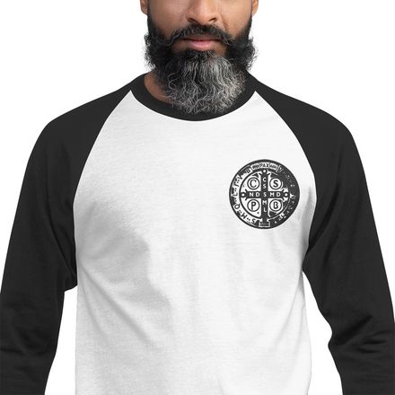 Embroidered Unisex 3/4 Sleeve Raglan Shirt, St. Benedict Medal, oih8m5 design, left chest