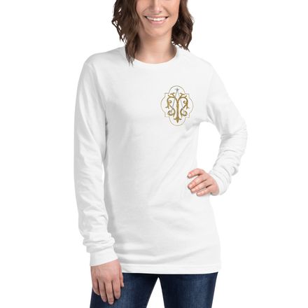 Unisex Long Sleeve Tee, Auspice Maria, Crest with outer edge, kdegvj, left chest