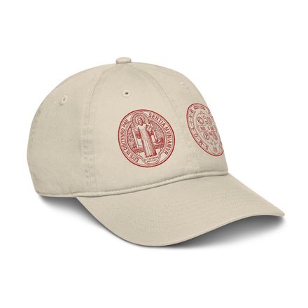 Organic Baseball Cap, St. Benedict Medal, filt5a design, red