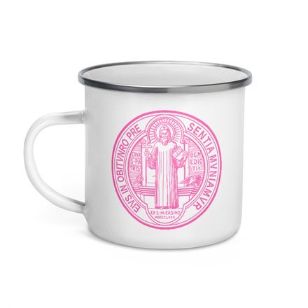 Enamel Mug, St. Benedict Medal, filt5a design, pink
