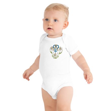 Baby Short Sleeve One Piece, Auspice Maria, Crest with flowers, qfko6t, left chest