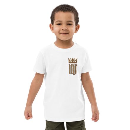 Embroidered Organic Cotton Kids T-Shirt, IHS with Crown, Golden Pattern, nlxdo1, left chest