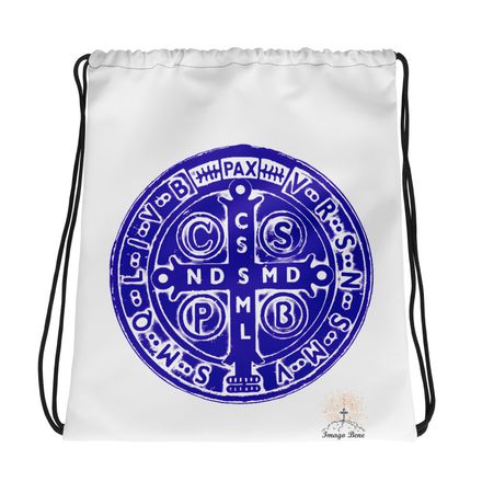 Drawstring Bag, St. Benedict Medal, 4ouume design, blue