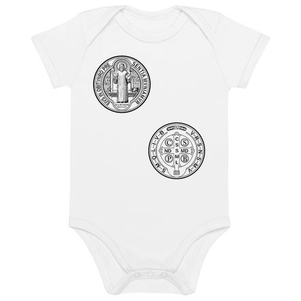 Organic Cotton Baby Bodysuit, St. Benedict Medal, filt5a design