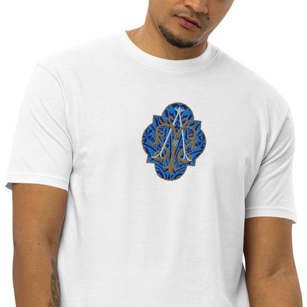 Embroidered Men&#x27;s Premium Heavyweight Tee, Auspice Maria, Crest with rounded Cross, u3bkt0