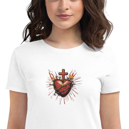 Embroidered Women&#x27;s Fashion Fit T-Shirt, Sacred Heart of Jesus, uetiyj