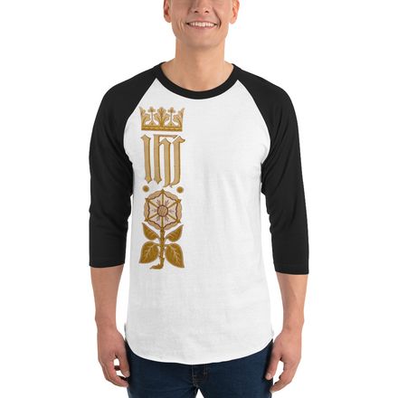 Unisex 3/4 Sleeve Raglan Shirt, IHS Stripe With Crown and Monstrance, vw6yal, right chest