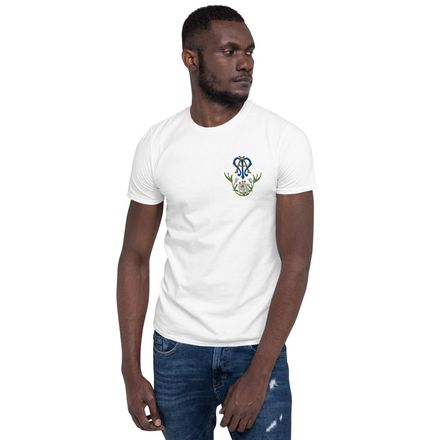 Embroidered Unisex Basic Softstyle T-Shirt, Auspice Maria, Crest with bottom flowers, ber1mq, left