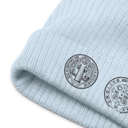 Ribbed Knit Beanie, St. Benedict Medal, filt5a design