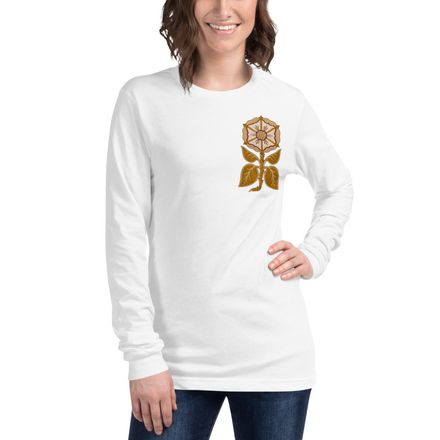 Unisex Long Sleeve Tee, Monstrance Tree with Golden Pattern, 7rmavy, left chest