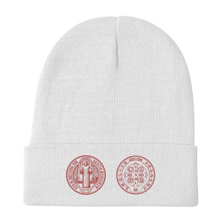 Knit Beanie, St. Benedict Medal, filt5a design, red