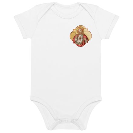 Organic Cotton Baby Bodysuit, Sacred Heart of Jesus, eq75pu design, left chest