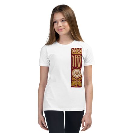 Youth Staple Tee, IHS Stripe With Crown and Monstrance, Red, yok2qk, left chest
