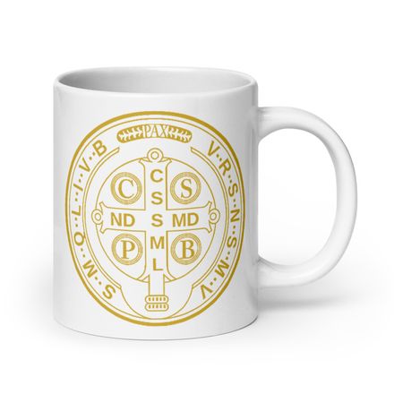   White Glossy Mug, 20oz,St. Benedict Medal, filt5a design, gold