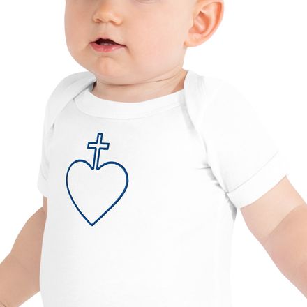 Embroidered Baby Short Sleeve One Piece, Sacred Heart of Jesus, 7ugqf9 hollow design, blue