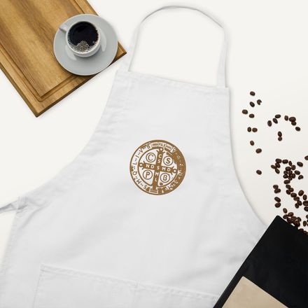Embroidered Apron, St. Benedict Medal, oih8m5 design, gold