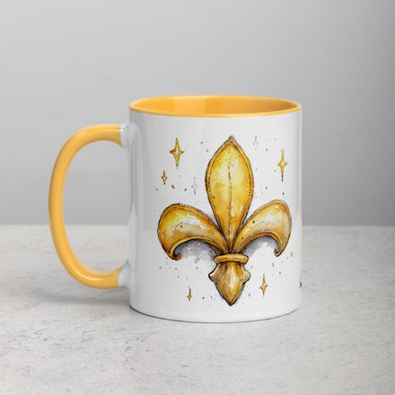 White Ceramic Mug with Color Inside, 11oz &amp; 15oz, Fleur de Lys, juffrs 