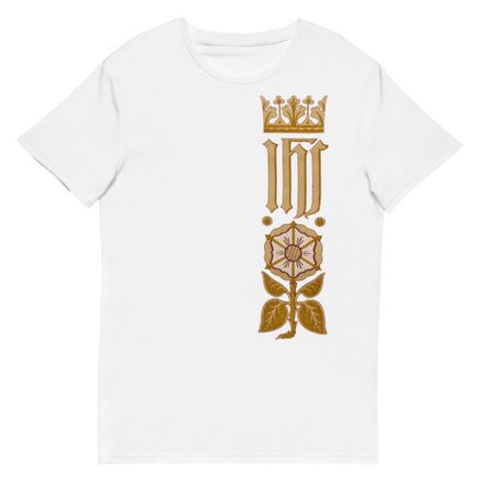 Men&#x27;s Premium Cotton T-Shirt, IHS Stripe With Crown and Monstrance, vw6yal, left chest