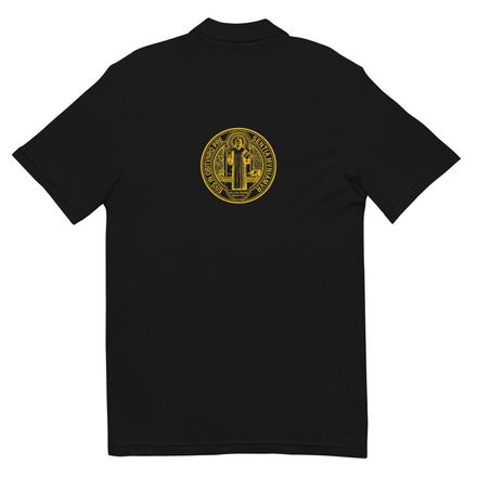 Unisex Pique Polo Shirt, St. Benedict Medal, filt5a design, gold, reversed, with back image