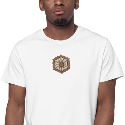 Embroidered Men&#x27;s Premium Cotton T-Shirt, Monstrance with Golden Pattern, eneyoj